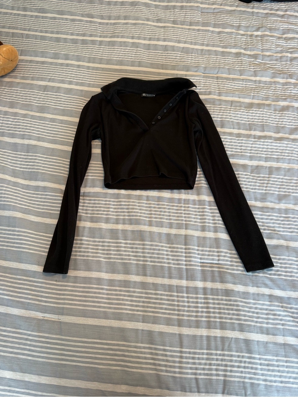 Zara Black Long-Sleeve Cropped Polo Shirt